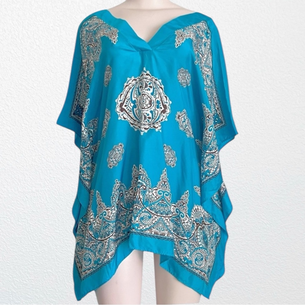 Silk Beachy Paisley Cruise Hippie Swim Kaftan Coverup Blouse Blue 100% SZ 8 - Picture 2 of 7